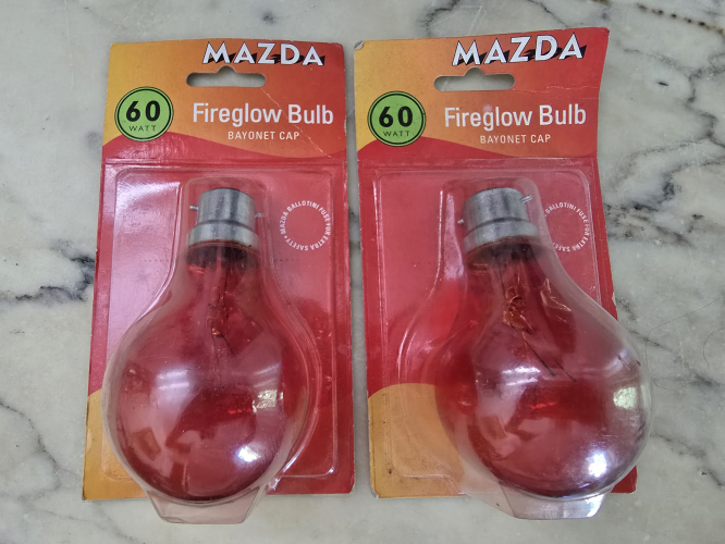 Mazda fireglow 60W GLS incandescent bulbs 
Got these 2 from the car boot sale

These will stay sealed so that the lacquer coating will be protected

I love how it advertises the ballotini fuse protection too!
