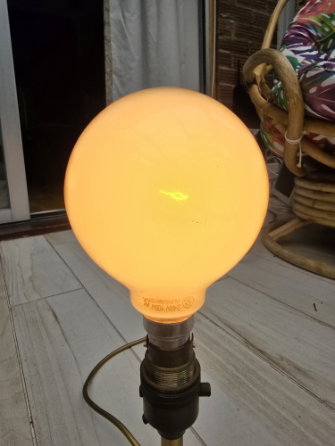 GE 100W globe shaped incandescent lit up
Picked up 2 of these in their original packaging 

Notice how the opal coating is on the thin side
