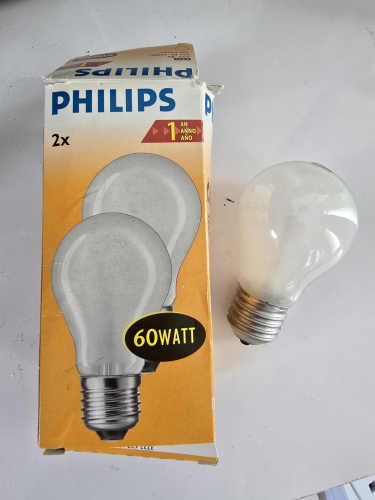 Philips Classictone 60W pearl GLS 
At my Aunts house currently and she got a stash of mostly LED bulbs but she still got some non LED 

These 2x Philips Classictone 60W incandescent which have a smaller size than usual 

I remember these being sold in Lidl during my childhood 
