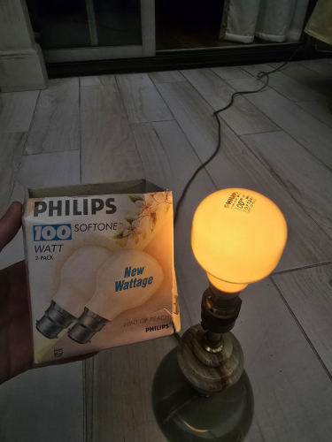 Philips Softone "New Wattage" 100W hint of peach colour 
Saturday car boot sale find this one was 

Only one bulb was inside - still a lovely colour and being 100W meant an impressive colour quality 
