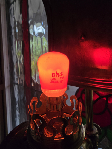 BHS 15W orange pygmy bulb lit up
Here it is lit up in my Dad's bankers table light  
