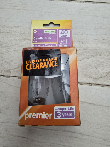 Homebase 40W candle bulbs "End of Range Clearance"
Got this from the Sat cat boot sale 

I think this was made around the time when Homebase had to stop selling incandescent bulbs in late 2009
