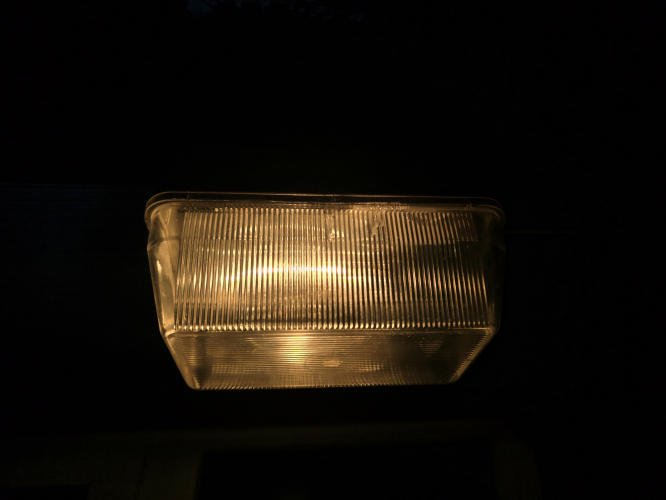 Status 42W Halogen GLS bulb in the conservatory bulkhead - side view
I finally got fed up of the fireglow bulb so changed it for a halogen 42W GLS 

Clear halogen and/or incandescent bulbs suit prismatic covered bulkheads like those extremely well
