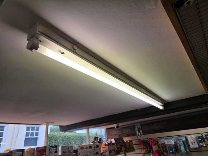 Mazda or Thorn poppack fluorescent light
Seen in the large gift and stationary shop in Yarmouth, Isle of Wight 
