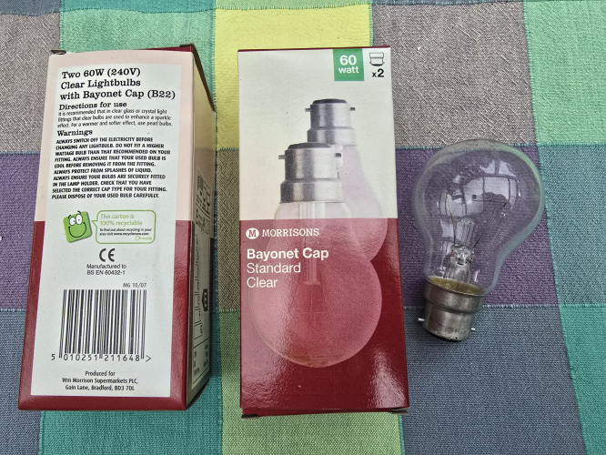 Morrisons 60W clear incandescents
Got 5 packs of these twin pack 60W clear GLS incandescents for Morrisons - looks to be Philips manufactured as they have the typical etch and date code format 

And they look far more decent than the Morrisons candle bulbs that I got a while ago 
