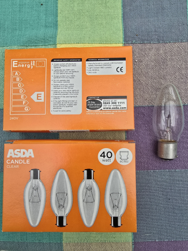 ASDA 40W clear candle 
Again like the GLS 60W ones, these are probs Philips or GE manufactured cos of the non skirted B22 base


I have more of these candle incandescents in 60W and 25W
