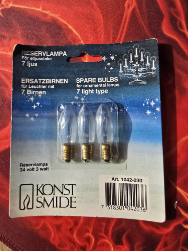 3W small candle bulbs that are 34V
From the car boot sale yesterday 

Looks like it came all the way from Germany 
