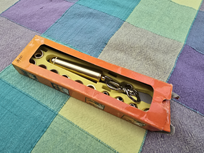 Laser pointer from Spain 
Purchased 25 years ago by my Dad as a present for my 4th birthday 

I just replaced its batteries and it still works 
