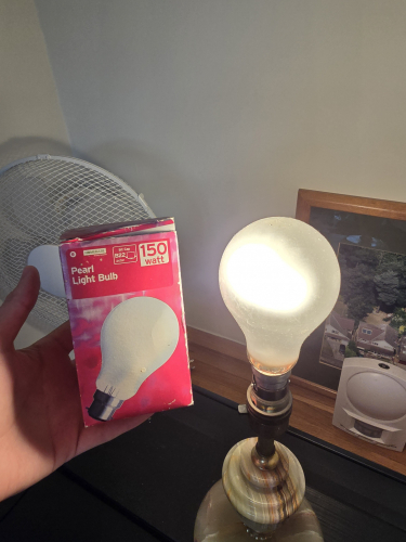 Homebase 150W pearl GLS incandescent 
Got this today at the car boot sale and - a pearl version of a Homebase 150W GLS incandescent bulb in the exact same packaging as the clear one I got a while back 
