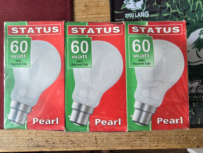 Status 60W pearl GLS incandescent 
Couldn't give those a miss at the car boot sale today 
