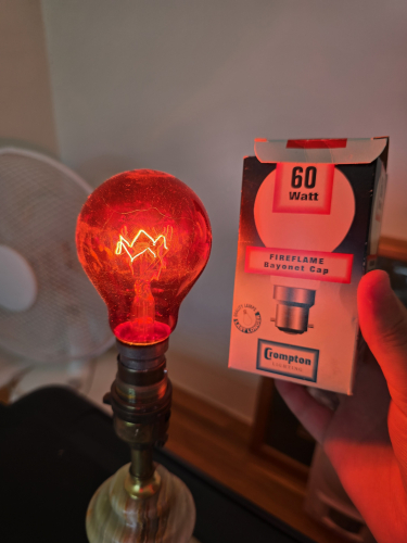 Crompton Fireflame 60W GLS incandescent 
From today's car boot sale 

Has a ballotini fuse 
