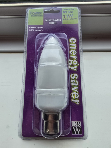 Power Essentials 11W Candle CFL 
Got it at the car boot sale (last one for this year)

Need to test it with plasma ball to see what the colour temperature is because I don't want to cut the packaging 
