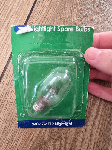 BELL E12 base 7W nightlight 
From the Thatcham car boot sale from the same seller who I bought the 2x 15W pygmy bulbs 

At first thought it would be the E14 base but it turns out to be E12 which I'll keep handy in case I get a nightlight that takes E12  
