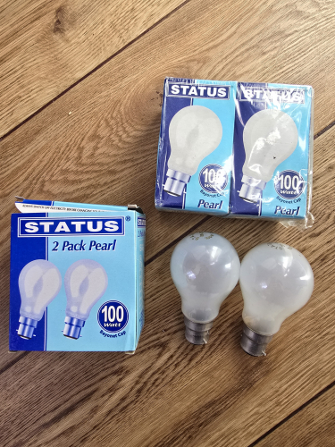 Status 100W pearl incandescent bulbs (fumed silica finish)
From the car boot sale in Thatcham

All these are fumed silica coated 
