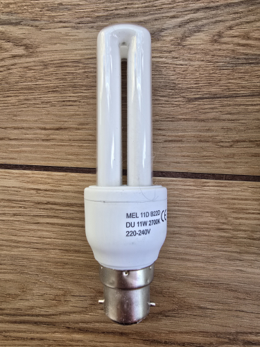 MEL 11W 2 tube CFL
I got 4 of these but one was cracked sadly 

From Thatcham car boot sale 

