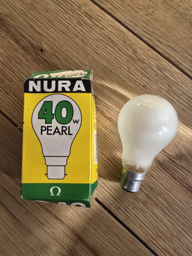 Nura 40W pearl GLS incandescent 
Now that's something new to me - Nura 40W pearl incandescent GLS bulb from the car boot sale in Thatcham 
