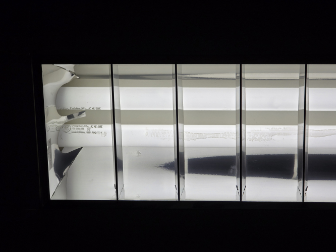 GE Polylux XLr 58W 860 tubes at dental waiting room 
Went to dentist for hygienist and the waiting room has this 2 tube 58W louvre fixture that uses 2x GE Polylux XLr 58w tubes in 860 daylight 
