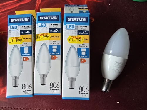 Status 8W candle LED bulbs
Had to get 3 for the master bedroom chandalier (not my choice) 
