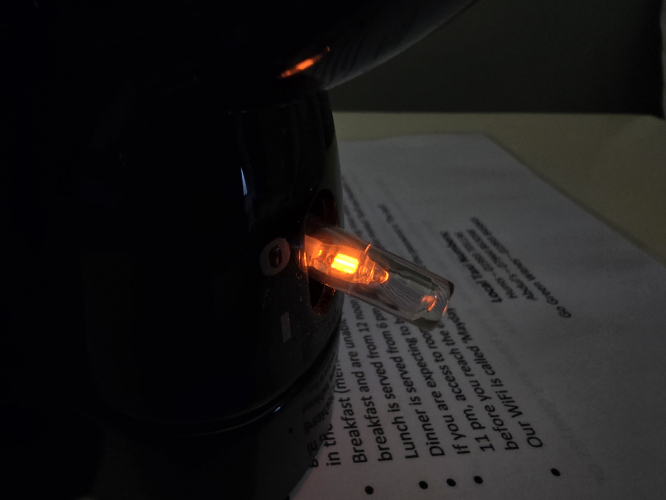 Neon pilot light for the kettle in my room 
So was making coffee (well there wasn't any tea lol) and was thrilled to see how the switch was just a clear rod making the neon indicator clearly displayed 

In the room I stayed in The Bell Inn, Oxfordshire for my friends 30th birthday sesh 
