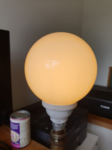 GE Biax globe shaped CFL
GE Biax 20W B22 globe shaped CFL from car boot sale 2 weeks ago 
