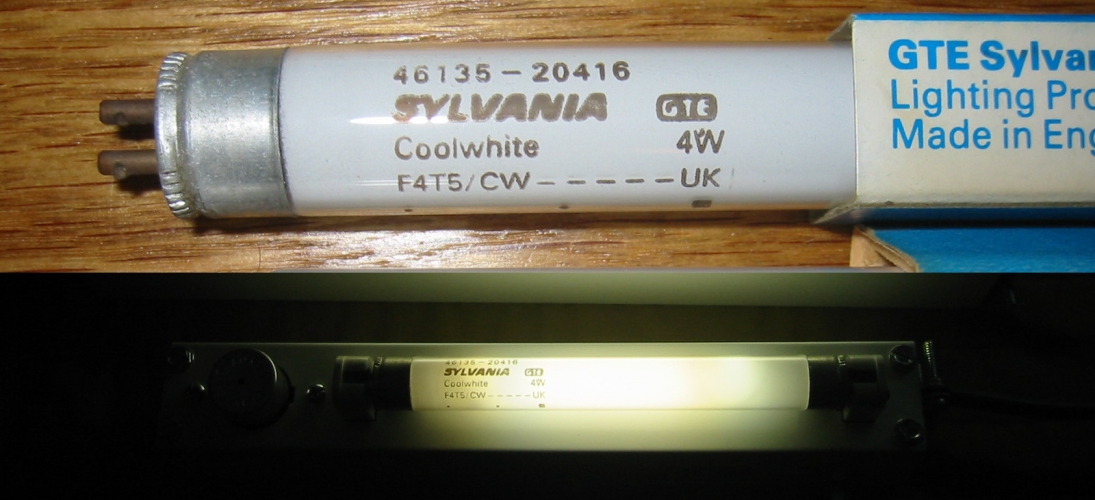 Sylvania 4W T5
Here's a GTE Sylvania T5 lamp, manufactured in England for export to the United States.  It has a typical U.S. ordering code, though normally Cool White would be two words.
