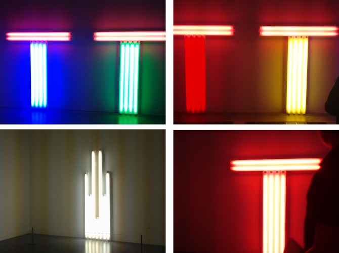 Coloured fluorescent sculptures by Dan Flavin
I wonder if any uber - rare tubes were used for this? Pictures from 2013.
