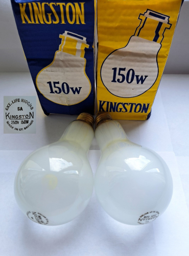 Kingston Lamps 150w pearl GLS lamps
Two rather nice old lamps from a fairly obscure brand - I can't remember what happened to Kingston in the end, but I have a feeling it was eventually absorbed into Philips, like so many other independent lampmakers in the UK.
