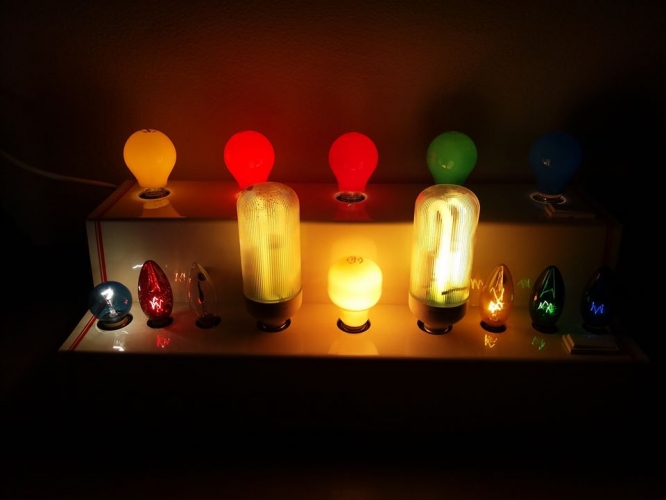 My lamp display board
Found it in Spain from a hardware store that was closing down. Put some mainly coloured lamps in it to take this picture.
