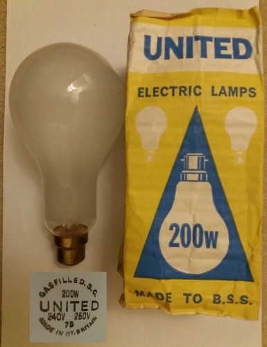 United 200w GLS lamp made by Philips
Apparently United was a brand made for smaller grocery stores and such. A nice old long - necked lamp made in Feb. 1977.
