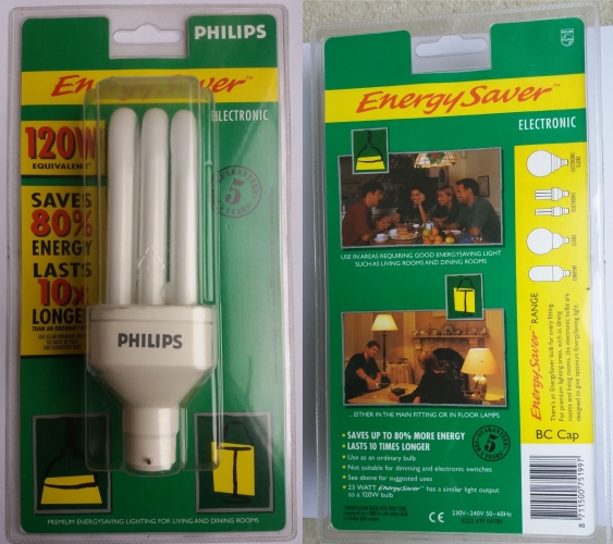 Philips CFL with plastic base in blister pack
These CFLs don't turn up often in this type of packaging, they are from the early - mid 90s. The all plastic base is quite strange.
