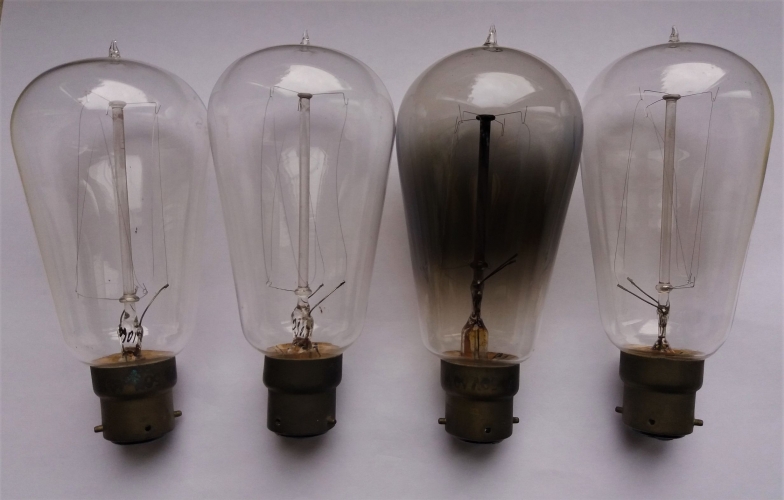 100v pip top filament lamps
Unknown manufacturer, no markings apart from wattage and voltage.
