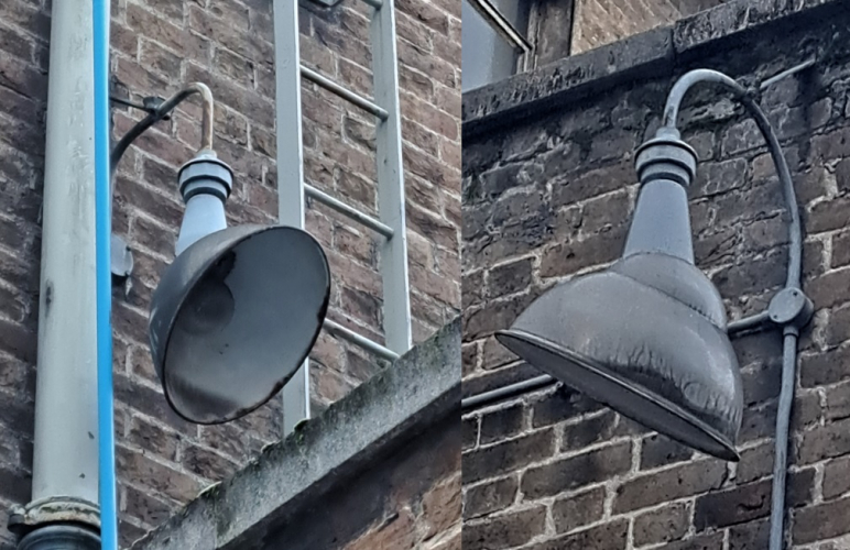 Old 500w GLS floodlights at a substation
Same place as before. These examples are some wonderful survivors and are on slightly more ornate brackets.

