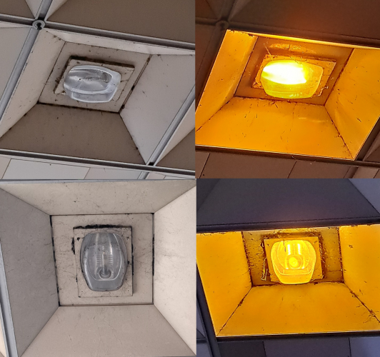 Unusual Urbis HPS fittings at a bus station
This bus station in central London is lit with quite a few of these unusual recessed Schreder fixtures, does anyone know what model they are?
