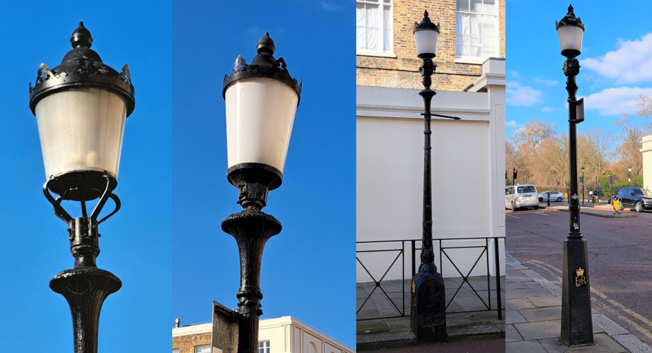 Old Phosco P111 lanterns and columns in London
A road near Regents Park in central London has an interesting mix of old columns, complete with an interesting assortment of lanterns. Some are the good old Phosco P111, some (like the one on the left) seems like it could be some kind of custom Sugg or DW Windsor product, and then some are a sort of hybrid (like the one on the right) - (edit: they are also P111s, but possibly custom variants made for London). Incredibly, I believe these lanterns all run mercury lamps! I must return with my camera at night.
