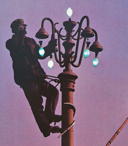 Street lighting maintenance in China (early 1990's)
I stumbled upon this interesting photograph by chance on a book we have at home filled with pictures of China - sadly this photo isn't captioned. Seems a bit of a dangerous way to change some lamps! The installation certainly looks old and would have no doubt featured globes over each lamp, which must have been removed for maintenance. The lamps themselves are undoubtedly BT mercury lamps of local manufacture, given that this book was published in the early 1990's.
