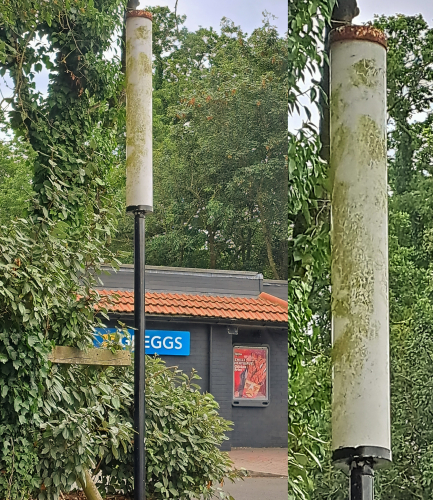 Disused "Little Chef" fluorescent street lanterns
These lanterns used to be found outside many branches of once-popular UK roadside restaurant Little Chef and were presumably manufactured exclusively for them, as they are not seen anywhere else. As Little Chef no longer exists, all such branches were either demolished or converted into other restaurants (this one is now a Greggs and Burger King). A fair few lanterns survive in the UK though, in various states of dilapidation. I believe these all used to use T8 tubes from new.
