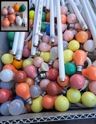 A very colourful-looking lamp bin
I was met with this scene a couple of days ago, upon lifting the lid of my local lamp bin... Obviously someone had just taken down some festoons somewhere! Lamps were either Maxim (I didn't take any due to them being fairly poor quality), GE (only the pink ones, most EOL and those that weren't are very well used) or modern Crompton (OK quality, not the best but I grabbed quite a few of these as spares for my own festoon which I use come the Christmas season). There were also a couple of older Osrams.
