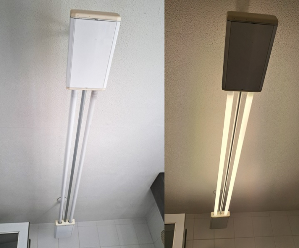 Typical Spanish twin T8 fluorescent fitting
Located in the kitchen of our house in Spain is this old beauty of a fitting, with a magnetic ballast and very noisy start-up! These were once very common just about everywhere in Spain, but have dwindled in recent years.
