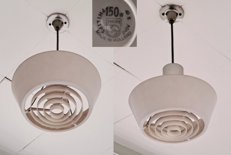 Merchant Adventurers "Ventura" - A stylish 1960's pendant light fitting
Quite by chance, I stumbled upon this absolute relic today on my University's campus - in a loo of all places! Considering virtually every other light fitting I've spotted so far at this Uni has been rampantly LED'd, or at the very least is a modern T5 fluorescent fitting, this was a surprise. Complete with a 32 year-old Philips 150w GLS lamp - itself a rarity these days, and probably only the second lamp it's sported in its lifetime. I'd imagine the original lamp was probably an 100-150s crown silvered GLS
