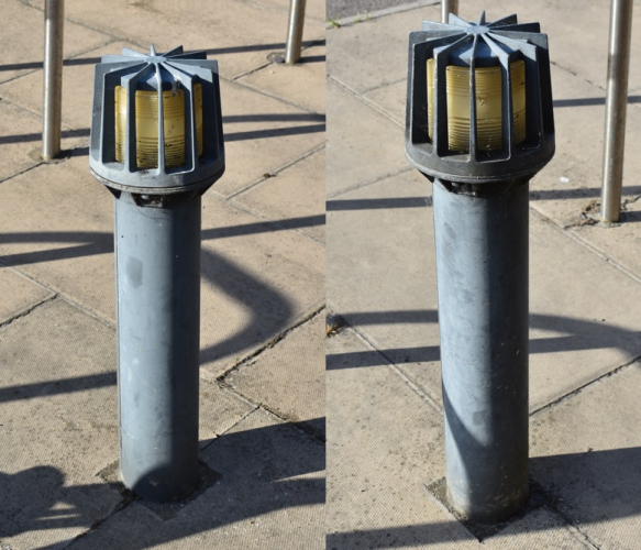 Crompton Crownlight bollard lanterns
Near the GEC globes pictured earlier, next to some bike racks. I had not noticed these before and do not know whether they still work. If they do they must be running CFL or LED lamps.
