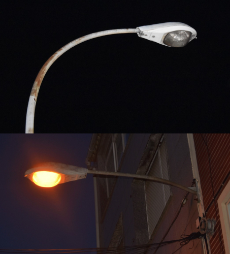 GE M250R street lanterns at night
Some slightly alternative photos here - the top lantern was photographed on holiday in Vitoria, in the Basque region of Spain with an EOL lamp - the lower lantern is one of the ones featured in the previous series of photos taken in Porto do Son.
