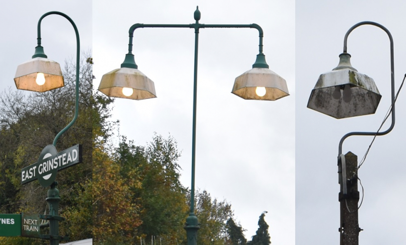 Interesting vintage platform lighting fittings
A selection of vintage platform lighting fittings seen at the East Grinstead heritage railway line in Sussex, UK. It would be interesting to know who manufactured these, they actually seem to be vintage and don't appear to be replica fittings - yes, some of them are surprisingly still running CFL lamps as well. The large triple-lamped version is interesting!
