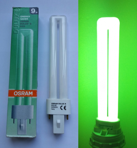Osram Dulux S green 9w PL lamp
Last year I found the red version of this lamp, so it was nice to recently stumble across the green one on Ebay (now all I need is the blue)! This lamp is a really bright green when lit.
