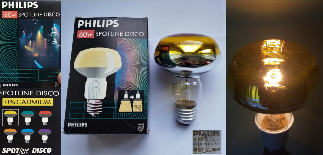 Philips Spotline Disco 60w yellow reflector lamp
This very funky lamp was also found in that Spanish shop. I think the "Disco" range brought out by Philips meant that the lamps had lacquered fronts, as opposed to the usual coloured Spotlines which had an ordinary frosted/coloured front. Also note the very nice early '90s box pictures.
