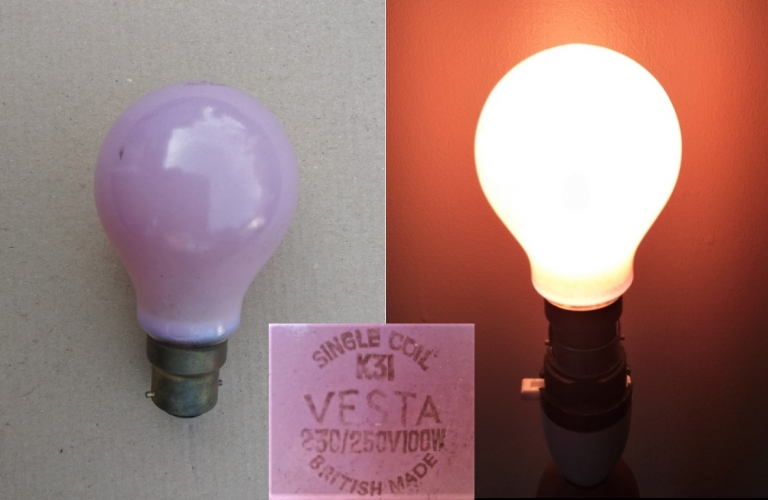 100w pink Vesta coloured lamp
Vesta was a brand made by Thorn for Woolworth's stores.
