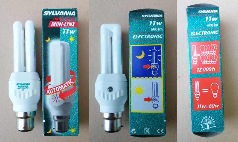 Sylvania Mini - Lynx Automatic CFL
Has a small photocell on it, stays on for 30 seconds when first lit, then either stays on or off depending on brightness levels.
