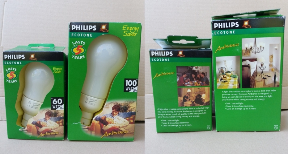 Philips Ecotone Ambiance CFLs
Interesting CFLs with plastic bases from the 90s. I think these bases were some sort of energy saving measure?
