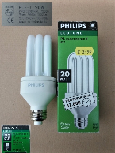 Philips PL-Electronic Pro CFL
Very long quoted lifetime! I don't doubt it though, these CFLs really were at the peak of quality. Sometimes I still see the early 2000s "Stick 12yr" CFLs working out and about!
