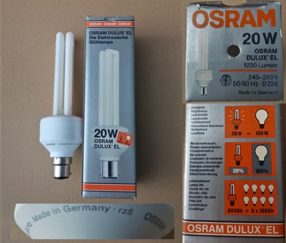 Osram Dulux EL 20w CFL
Found end of last year in a family run hardware store. Unfortunately the glue at the base of the tubes is a bit loose.
