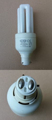 MEM 3 pin BC CFL
A strange lamp. Apparently these used to be installed in special pendants in newbuild houses, to make it impossible to use GLS. And of course, once the lamp was EOL you had to pay a fortune to get another genuine spare!
